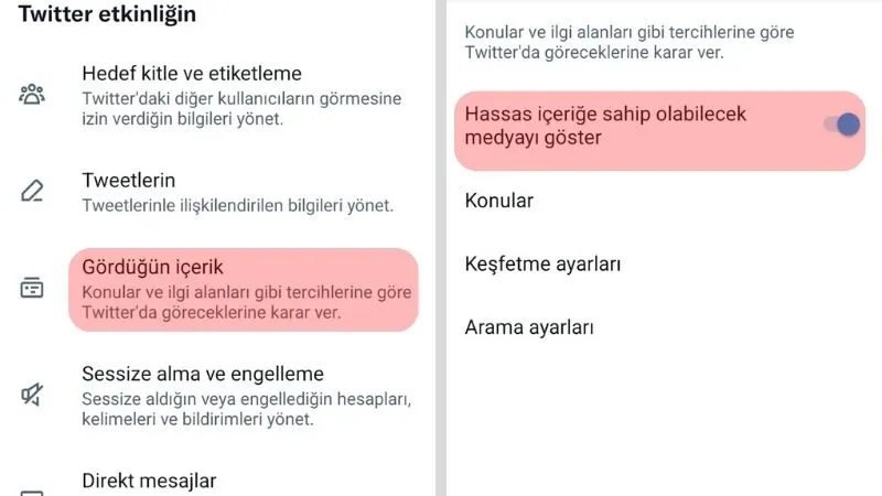 twitter hassas içerik açma android